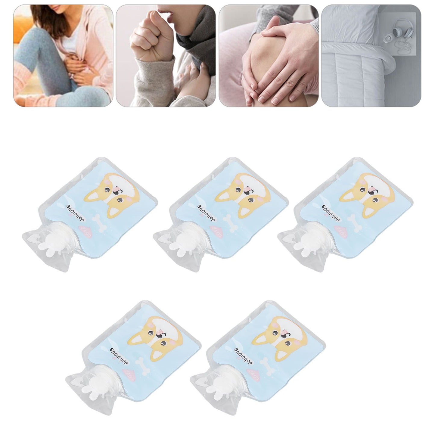5Pcs Hot Water Bottle Bag Thickened Explosion Proof PVC Leakage Proof Wide Mouth Warm Water Bag Blue Dog Pattern