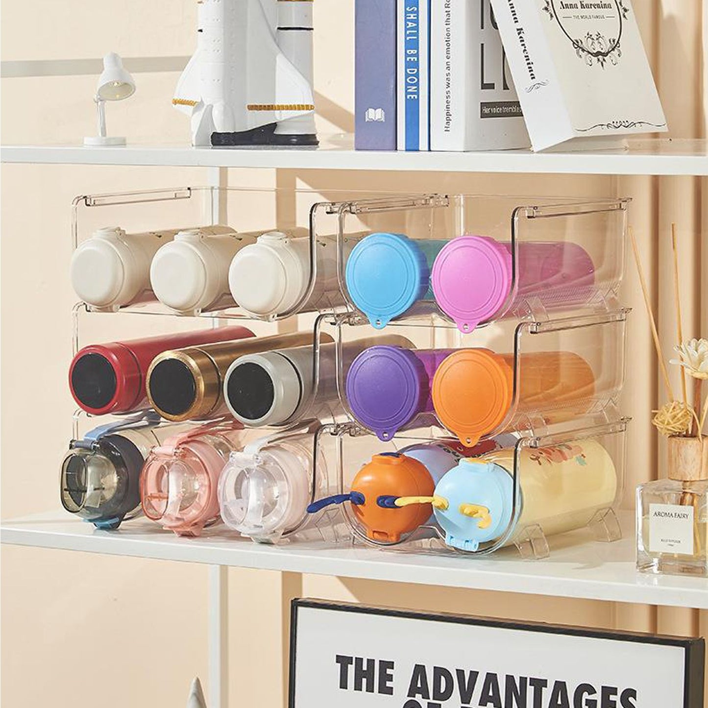 Water Bottle Organizer Transparent Stackable Space Saving Water Bottle Storage Holder Rack for Vacuum Cup 2 Grids