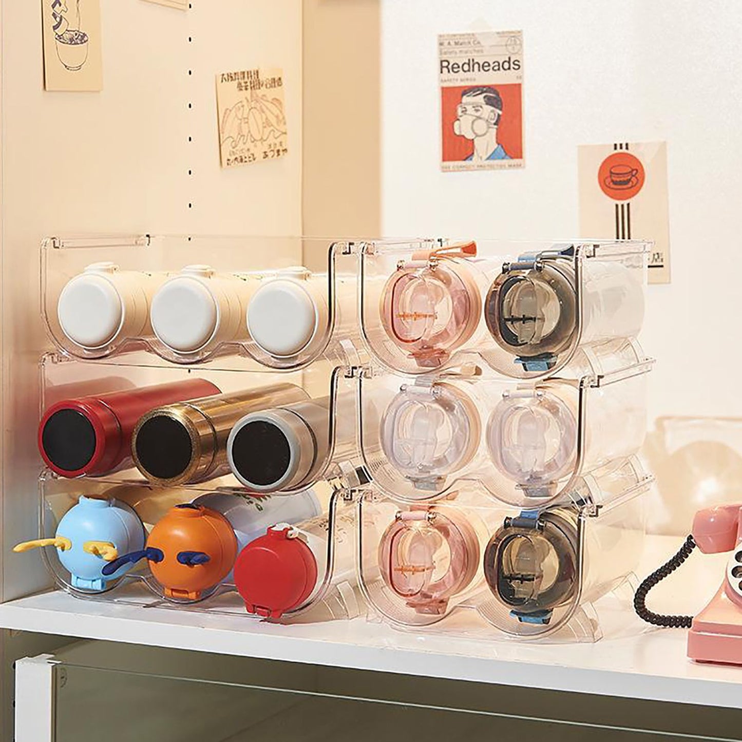 Water Bottle Organizer Transparent Stackable Space Saving Water Bottle Storage Holder Rack for Vacuum Cup 3 Grids