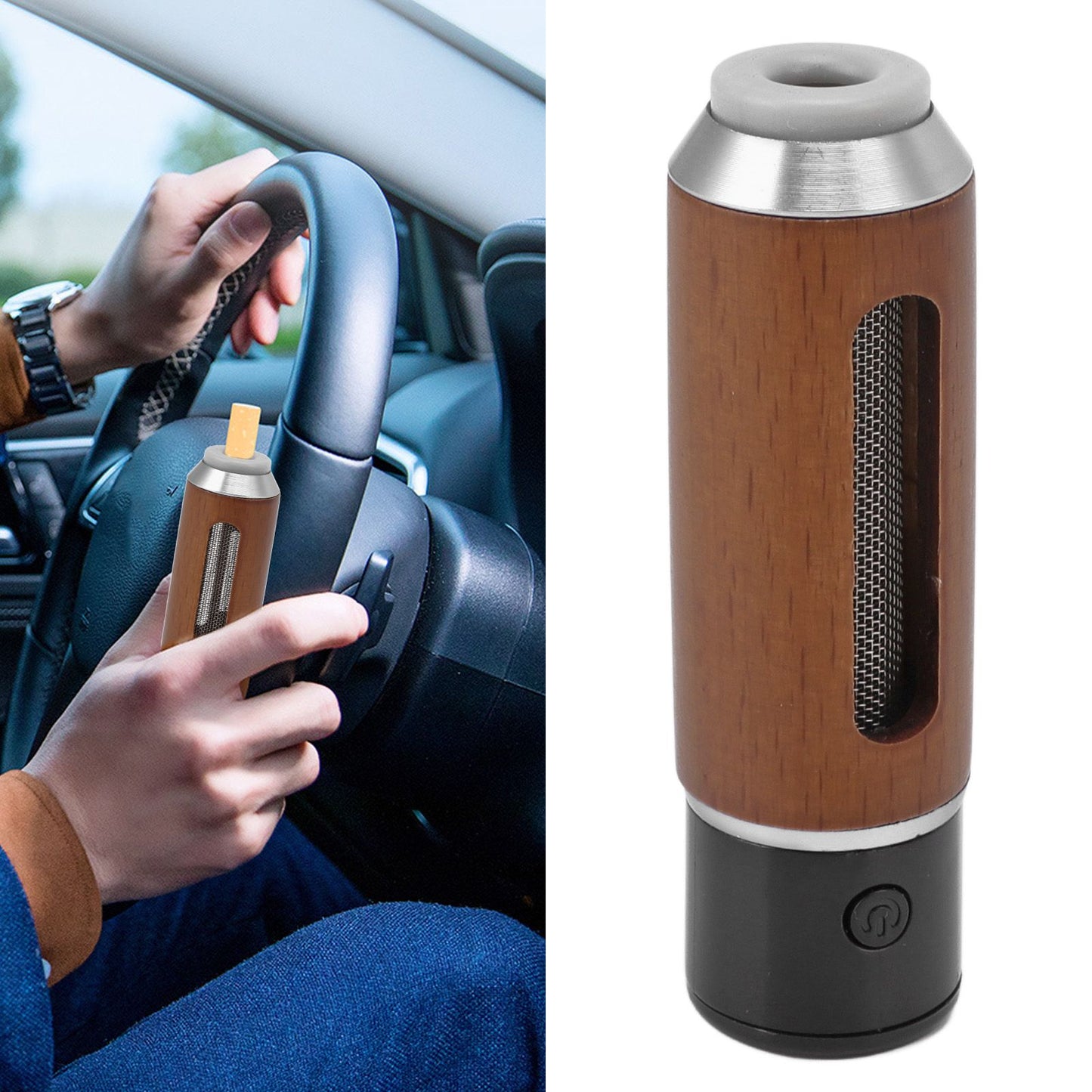Handheld Car Ashtray with Cigarette Lighter No Leakage Portable Mini Car Cigarette Holder 50mAh Silver