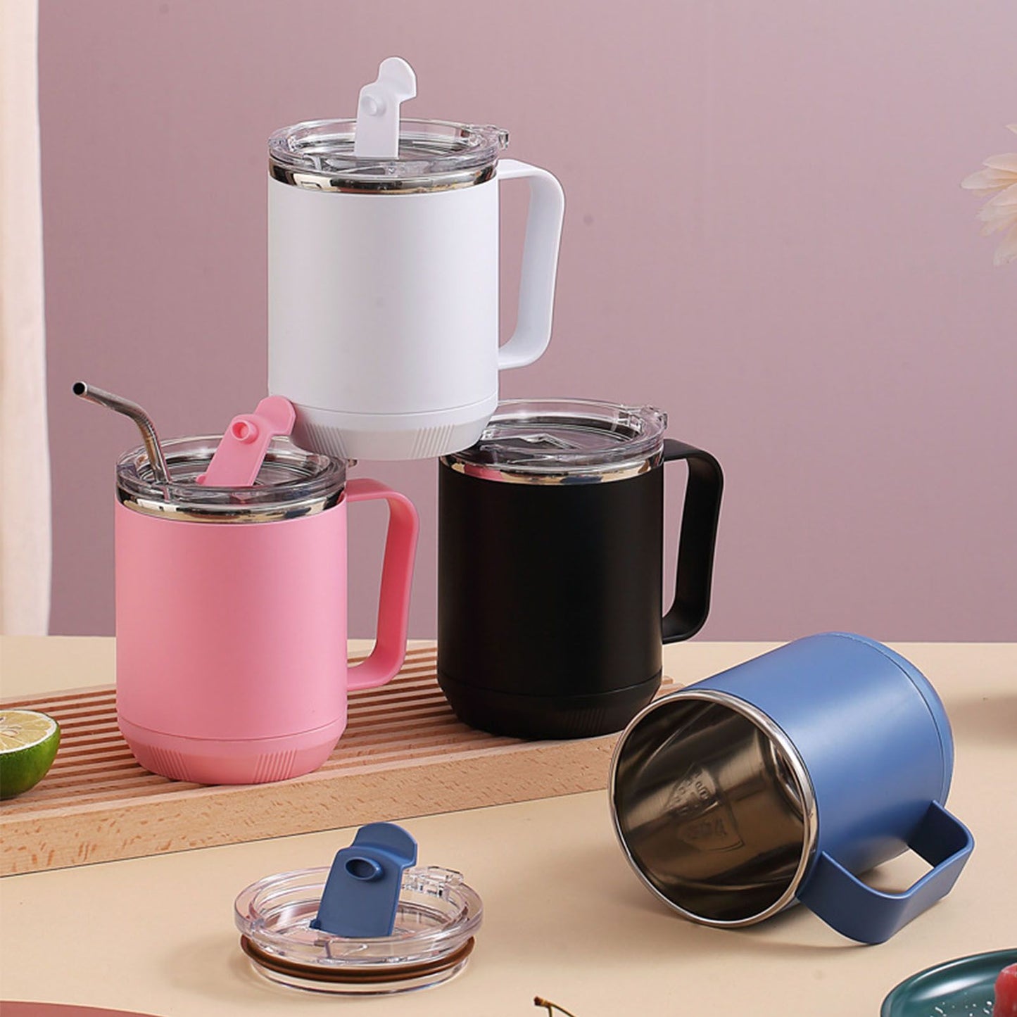 Coffee Mug 460ml 304 Stainless Steel Liner Leakproof Elegant Portable Mug for Outdoor Activities Pink