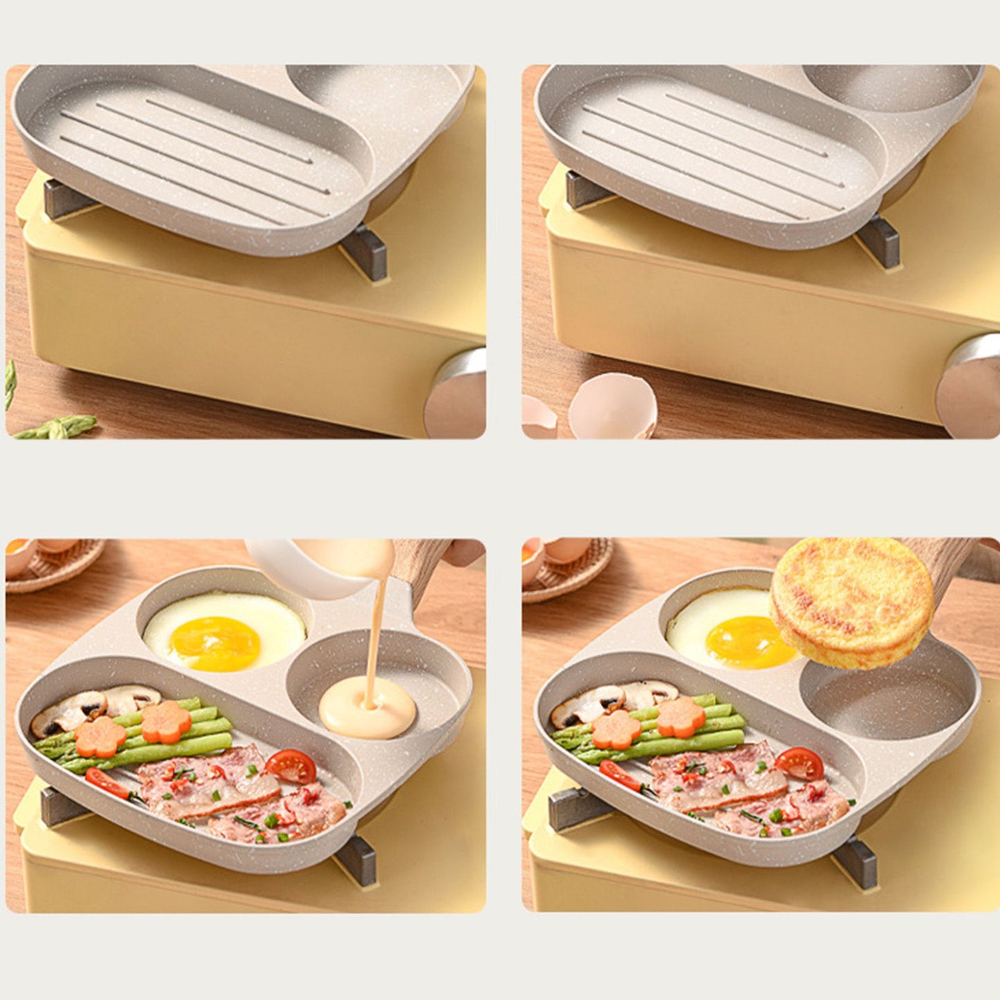 3 in 1 Breakfast Pan Nonstick Aluminum Alloy Labor Saving Pancake Frying Pan for Egg Bacon Gas Stove