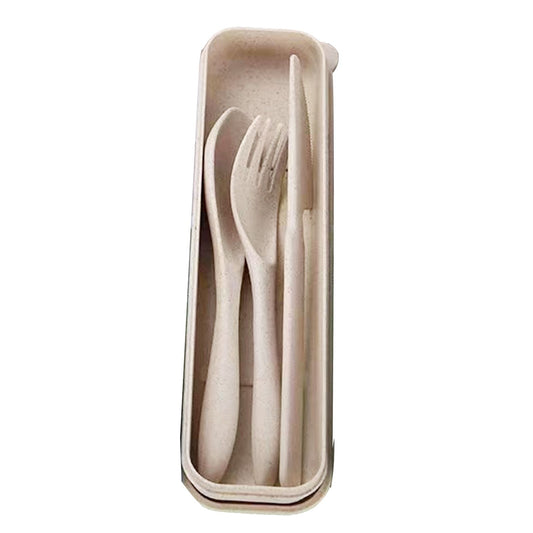 Wheat Straw Cutlery Set Modern Portable Fork Spoon Knife Tableware with Box for Office School Picnic Beige