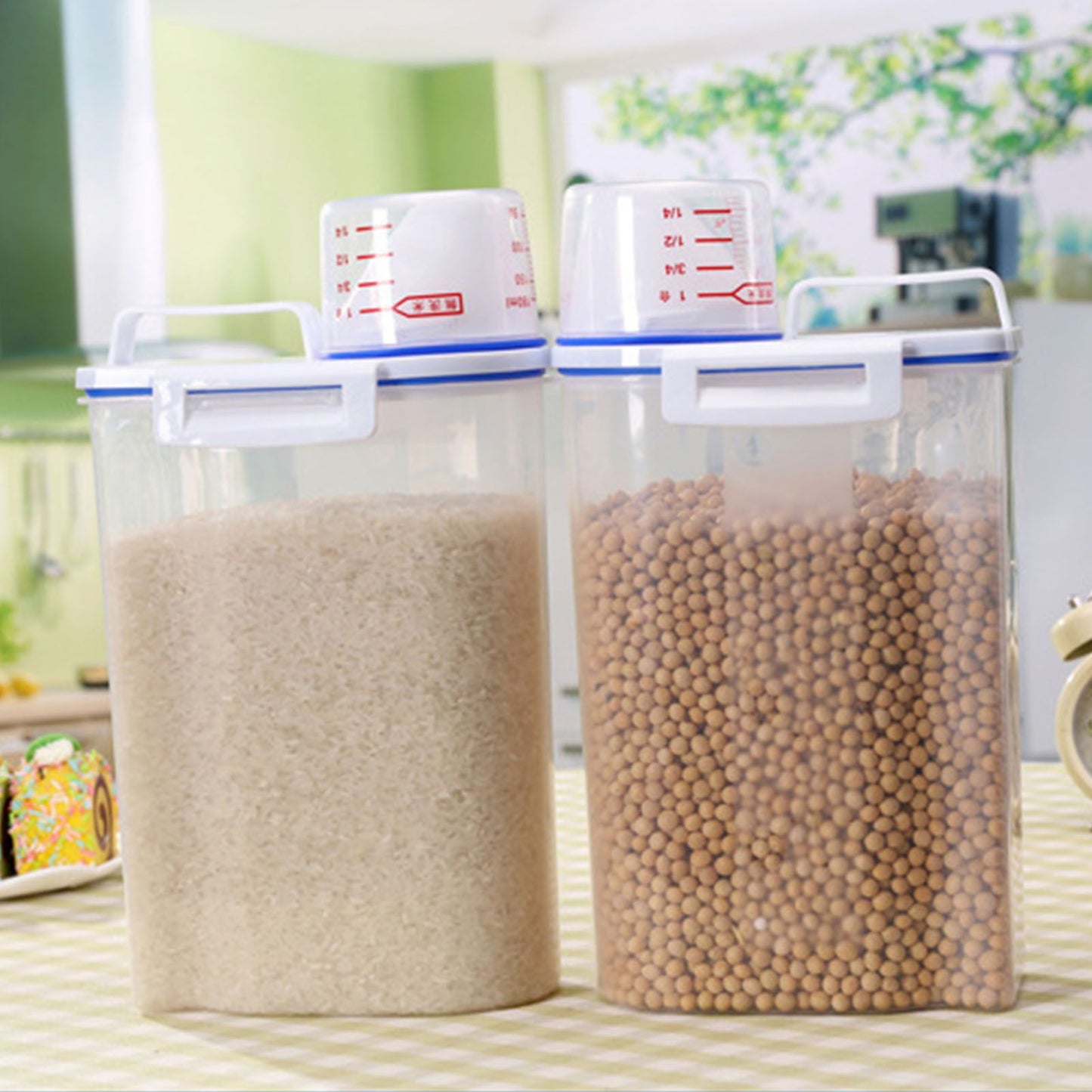 Rice Storage Barrel 2KG Capacity BPA Free Airtight Cereal Container with Measuring Cup Lid for Grain Flour Nuts