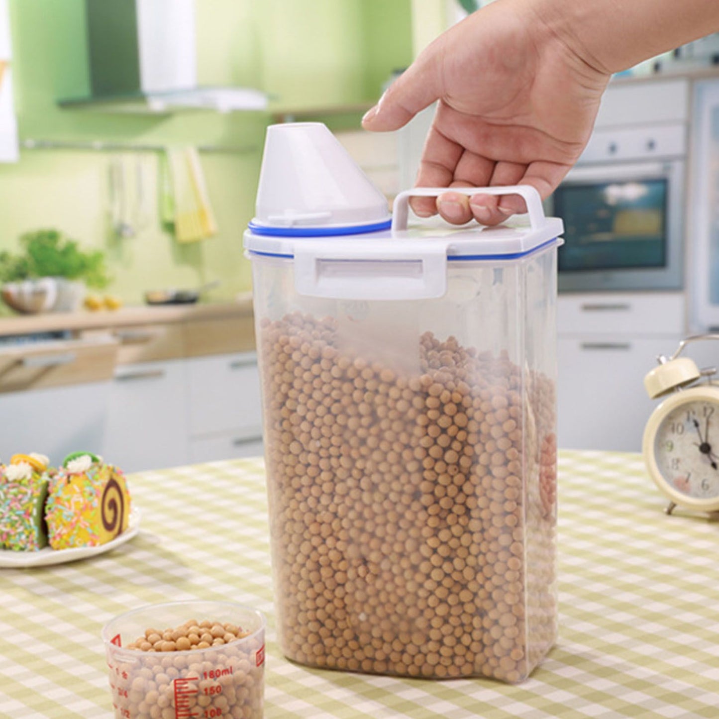 Rice Storage Barrel 2KG Capacity BPA Free Airtight Cereal Container with Measuring Cup Lid for Grain Flour Nuts
