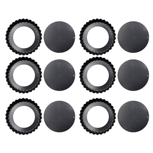 6PCS Removable Bottom Tart Pan Non Stick Coating Carbon Steel Black Quiche Pan for Kitchen