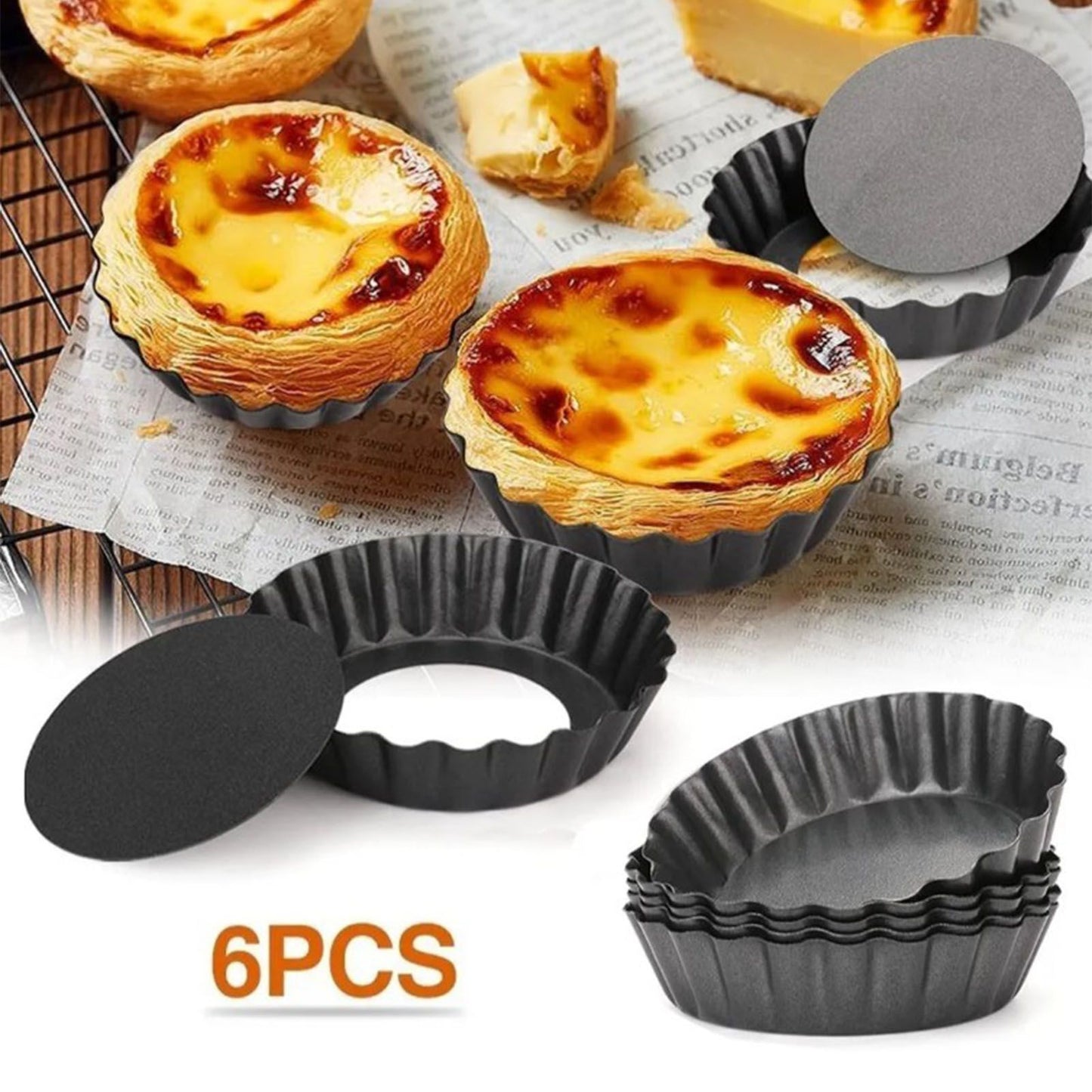 6PCS Removable Bottom Tart Pan Non Stick Coating Carbon Steel Black Quiche Pan for Kitchen