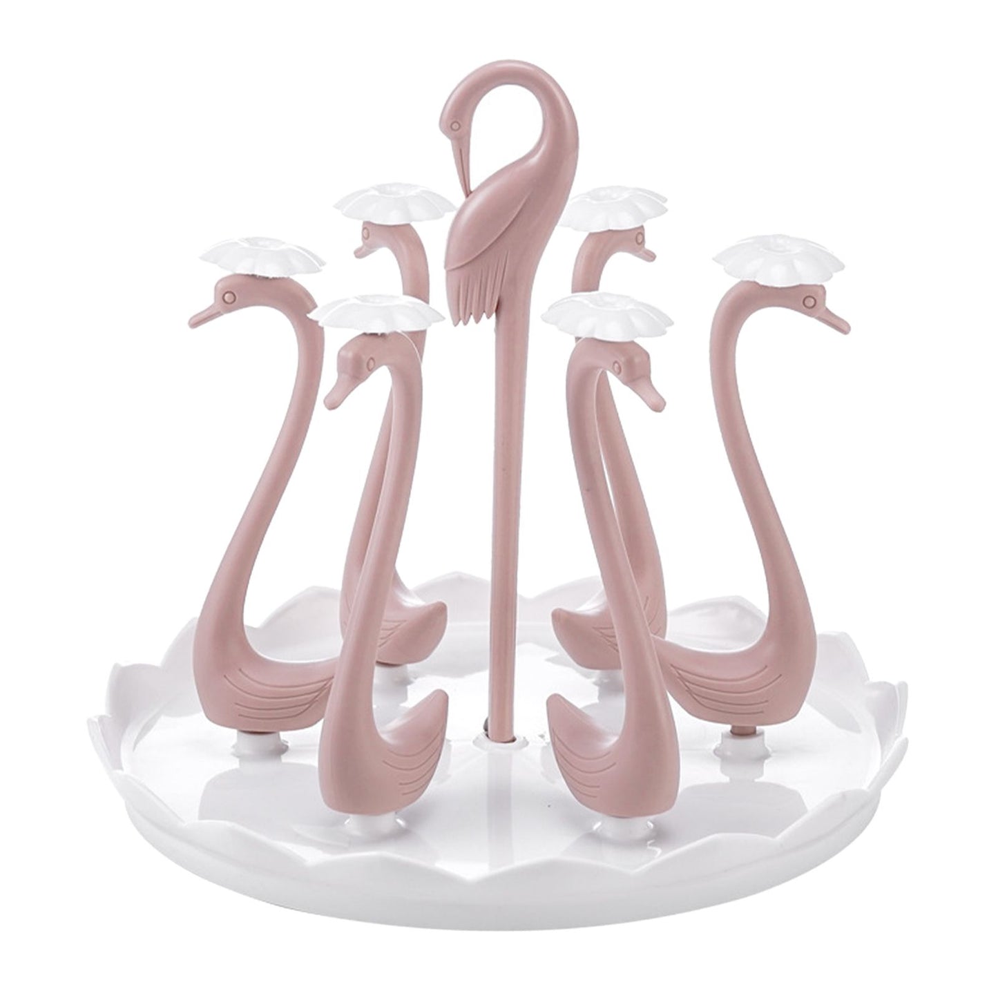 Swan Cup Holder with Rotating Drip Tray Plastic Rotatable Drinking Cup Drainer Stand Rack for Home Kitchen Pink 6 Heads