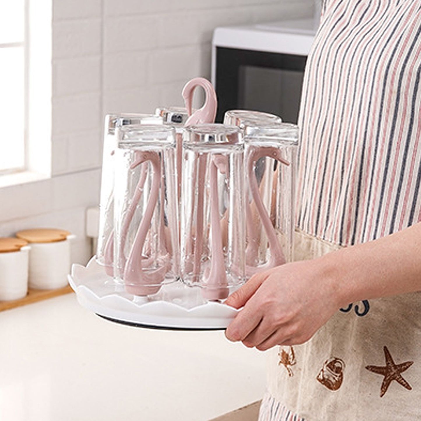 Swan Cup Holder with Rotating Drip Tray Plastic Rotatable Drinking Cup Drainer Stand Rack for Home Kitchen Pink 6 Heads