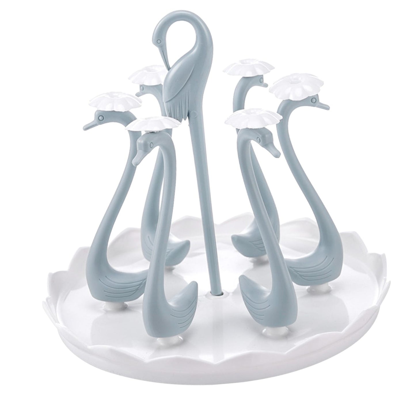 Swan Cup Holder with Rotating Drip Tray Plastic Rotatable Drinking Cup Drainer Stand Rack for Home Kitchen Blue 6 Heads