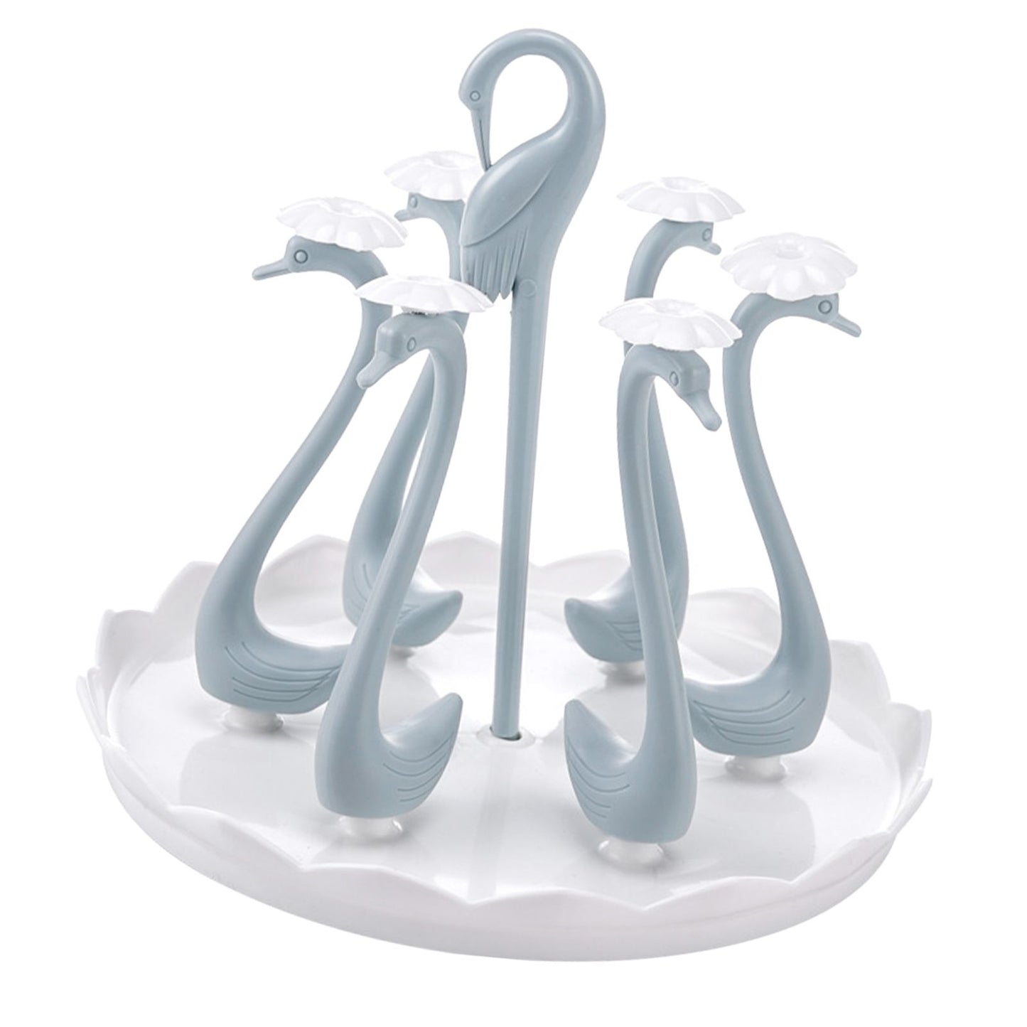 Swan Cup Holder with Rotating Drip Tray Plastic Rotatable Drinking Cup Drainer Stand Rack for Home Kitchen Blue 6 Heads