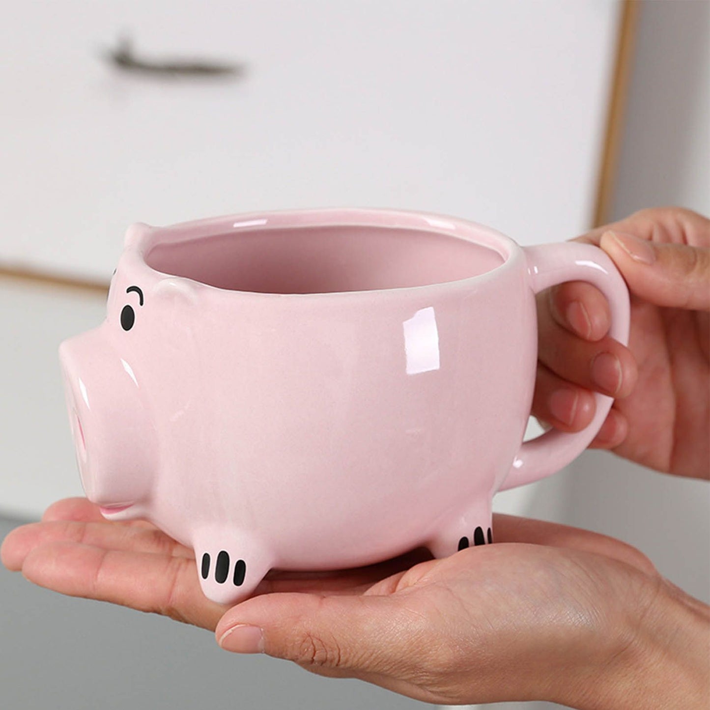 Ceramic Coffee Mug Wide Mouth Piggy Cute Water Cup with Handle for Home Cafe Office Pink