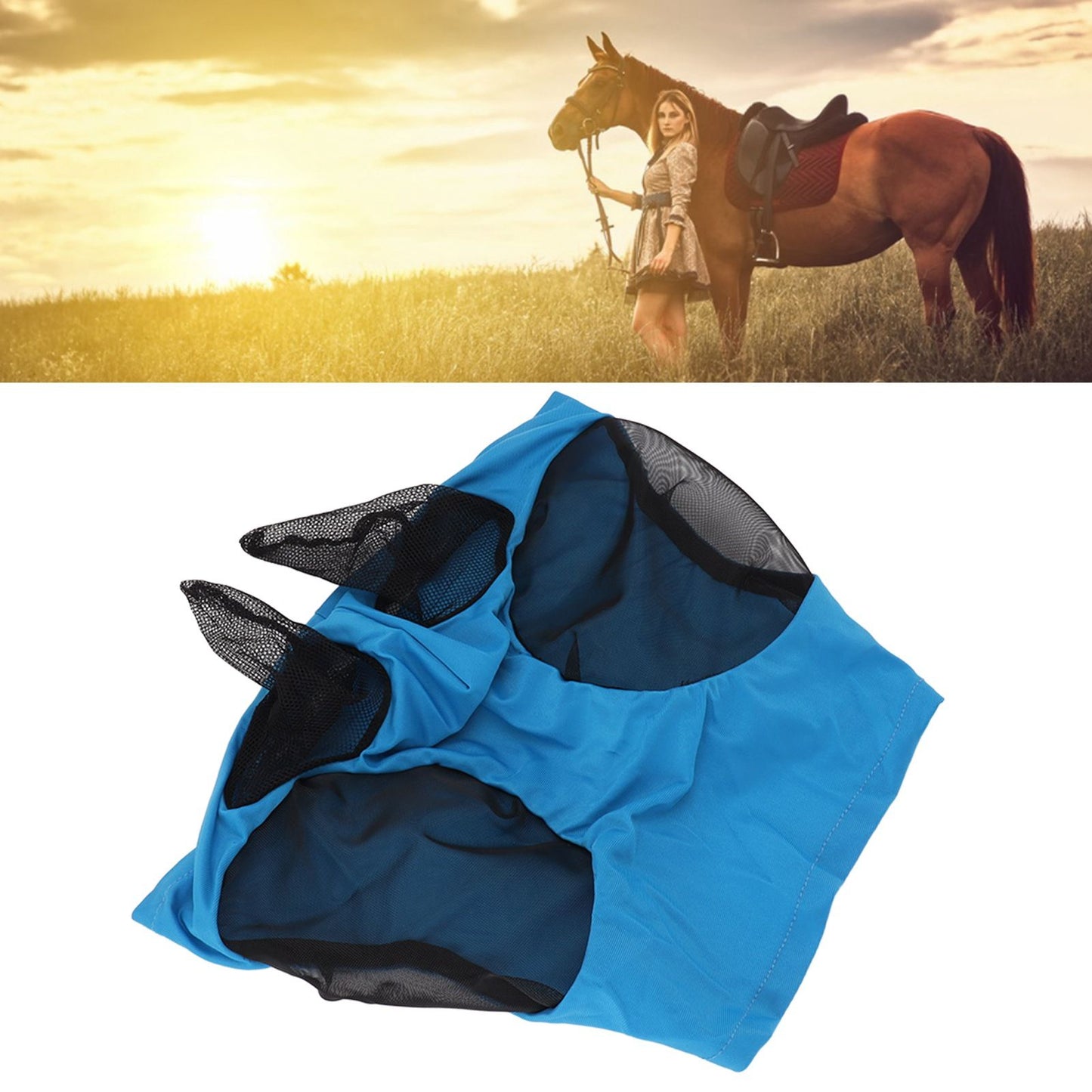 Horse Mesh Fly Mask Breathable Elastic Horse Face Mask with Ears Protection Riding Equestrian Equipment Blue