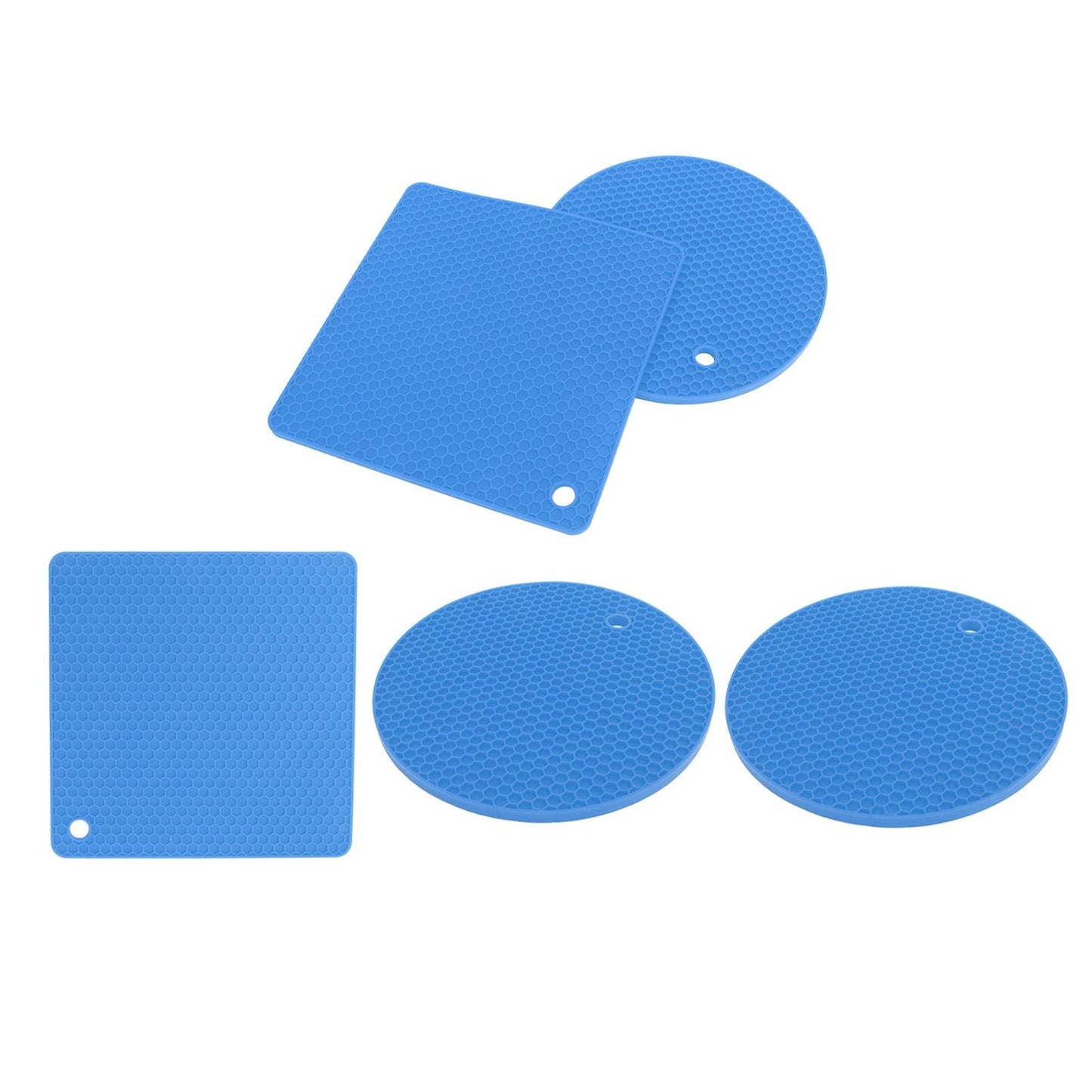 5Pcs Silicone Trivet Mat Square Round Honeycomb Hot Pad Non Slip Heat Resistant for Hot Plate Pans Kitchen Pots Blue