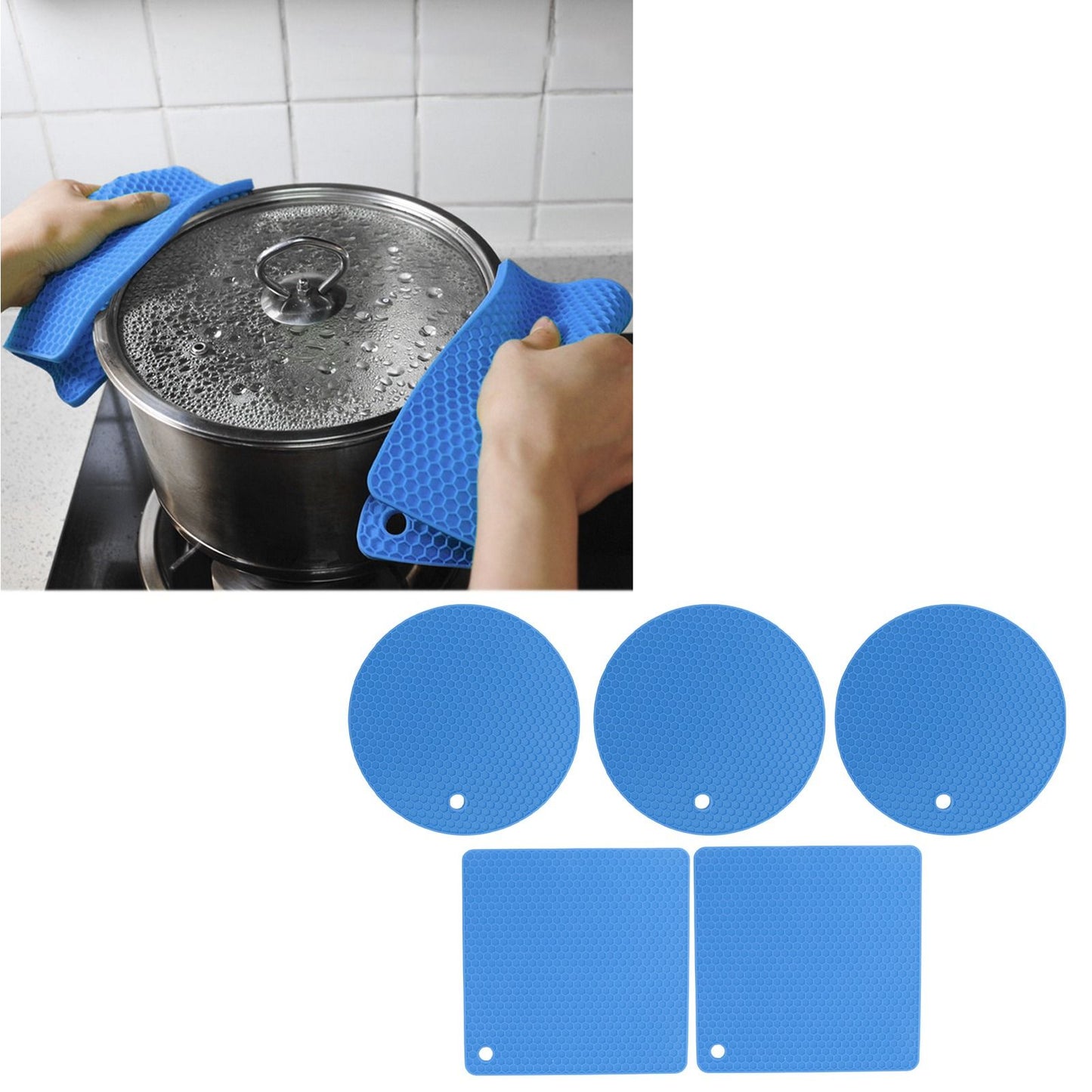 5Pcs Silicone Trivet Mat Square Round Honeycomb Hot Pad Non Slip Heat Resistant for Hot Plate Pans Kitchen Pots Blue