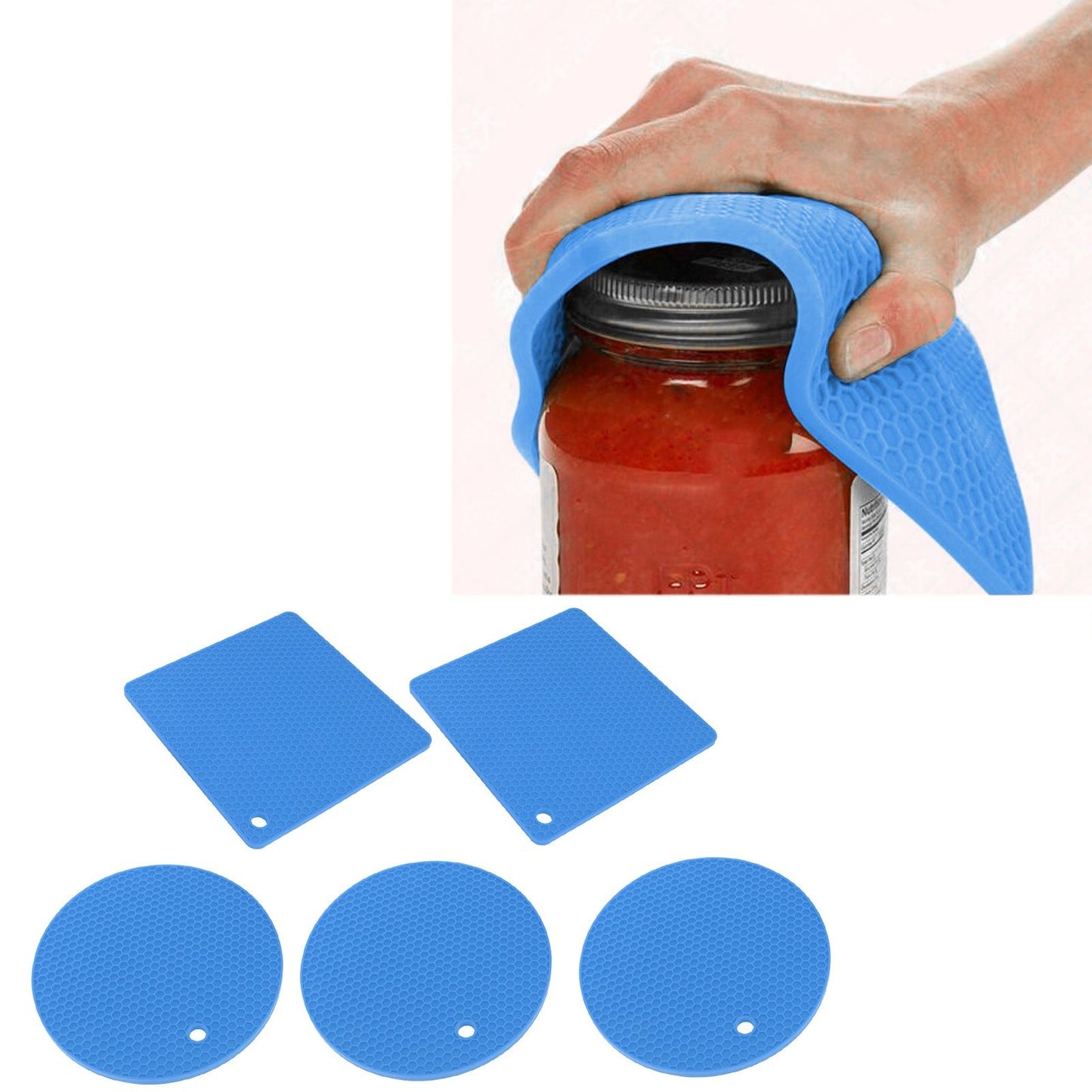 5Pcs Silicone Trivet Mat Square Round Honeycomb Hot Pad Non Slip Heat Resistant for Hot Plate Pans Kitchen Pots Blue