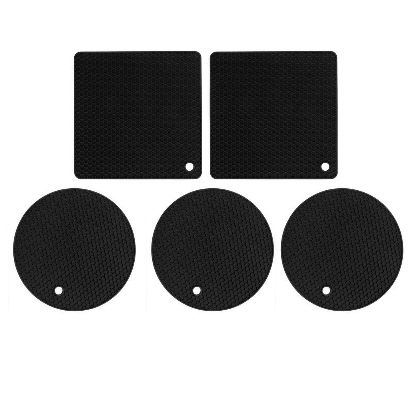 5Pcs Silicone Trivet Mat Square Round Honeycomb Hot Pad Non Slip Heat Resistant for Hot Plate Pans Kitchen Pots Black