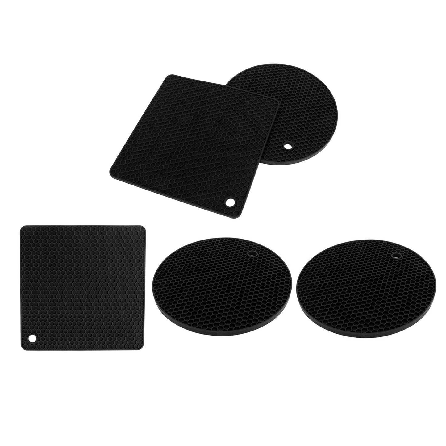 5Pcs Silicone Trivet Mat Square Round Honeycomb Hot Pad Non Slip Heat Resistant for Hot Plate Pans Kitchen Pots Black