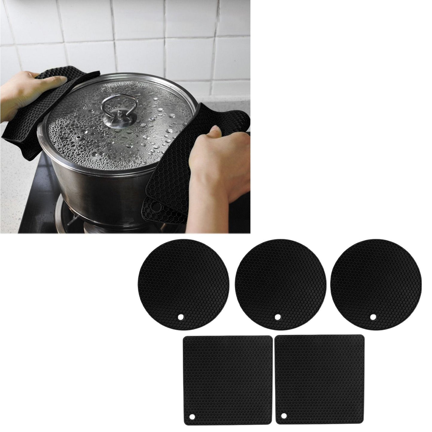 5Pcs Silicone Trivet Mat Square Round Honeycomb Hot Pad Non Slip Heat Resistant for Hot Plate Pans Kitchen Pots Black