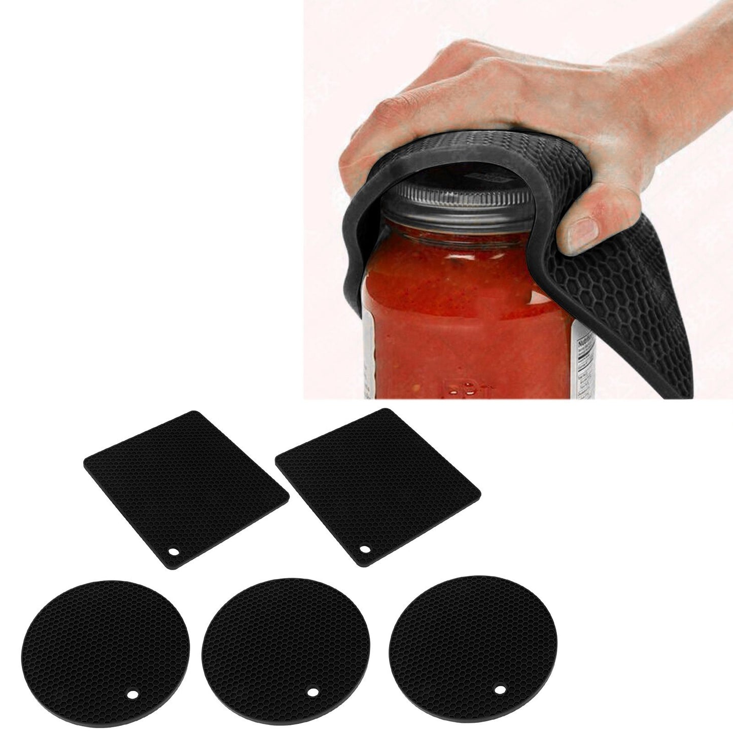5Pcs Silicone Trivet Mat Square Round Honeycomb Hot Pad Non Slip Heat Resistant for Hot Plate Pans Kitchen Pots Black