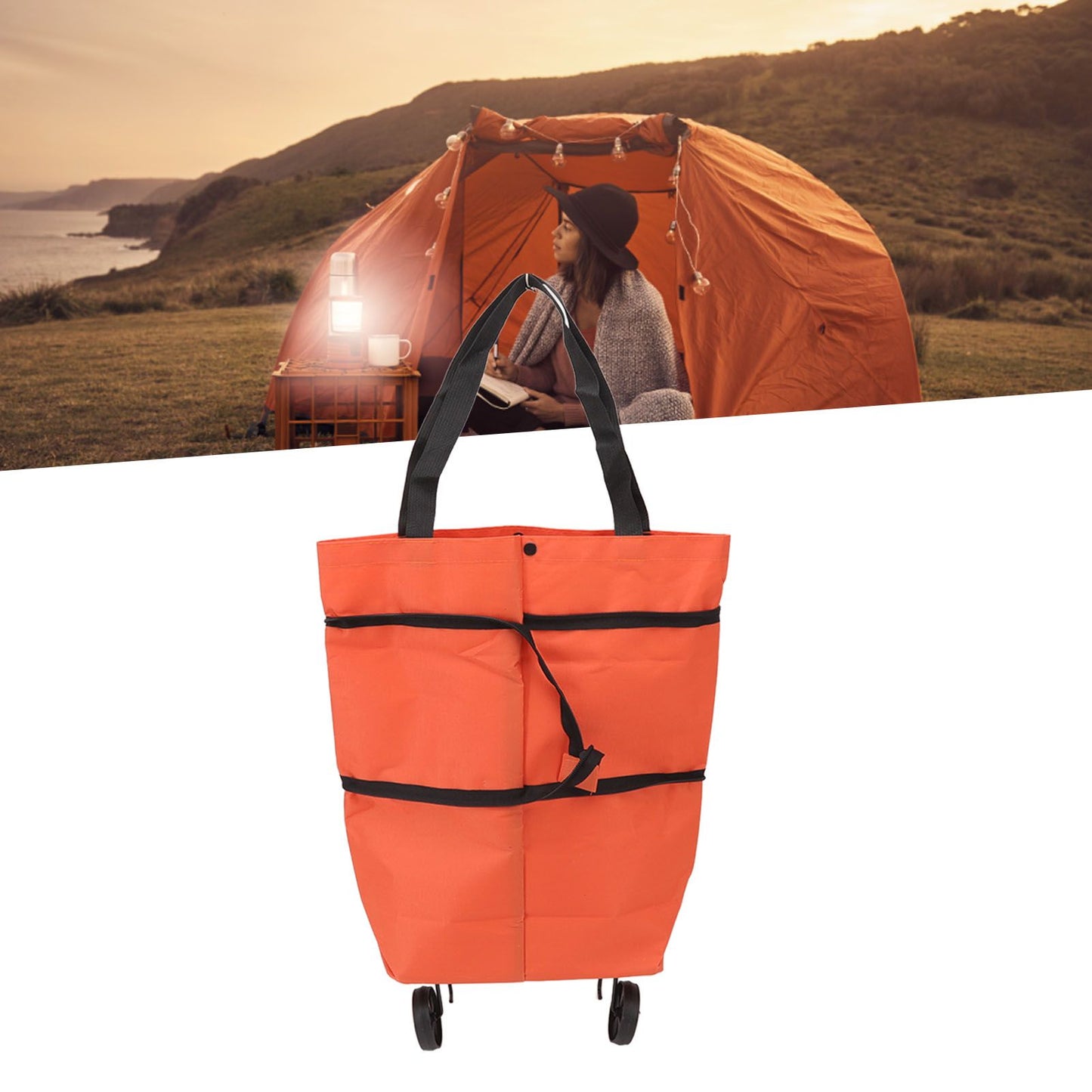 Shopping Cart Foldable Bag Large Capacity Zipper Design Oxford Cloth with Wheel for Camping Orange