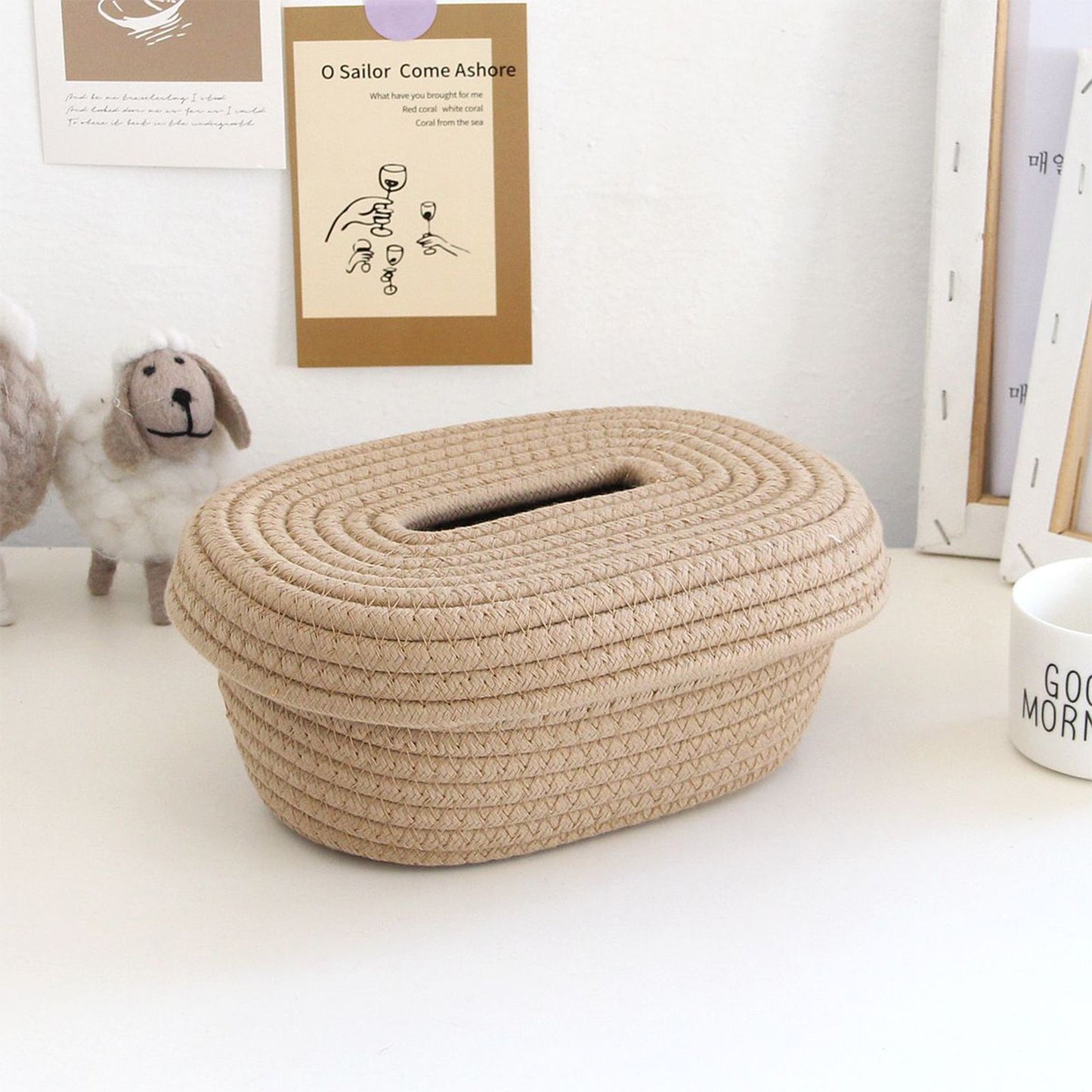 Tissue Box Cover Handmade Cotton Rope Napkin Tissue Holder Decorative Household Desktop Tissue Storage Box Khaki