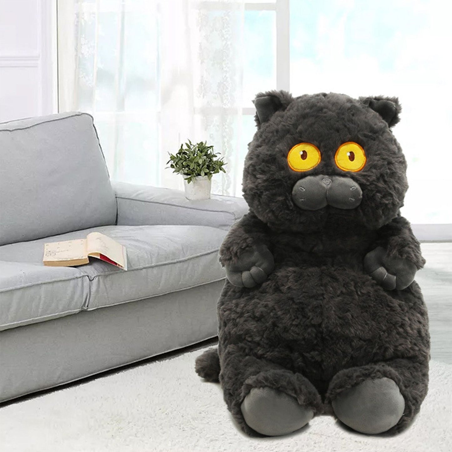 Cat Plush Toy Cute Soft Skin Friendly Fluffy Staring Short Plush Cat Hugging Sleeping Pillow for Home Black