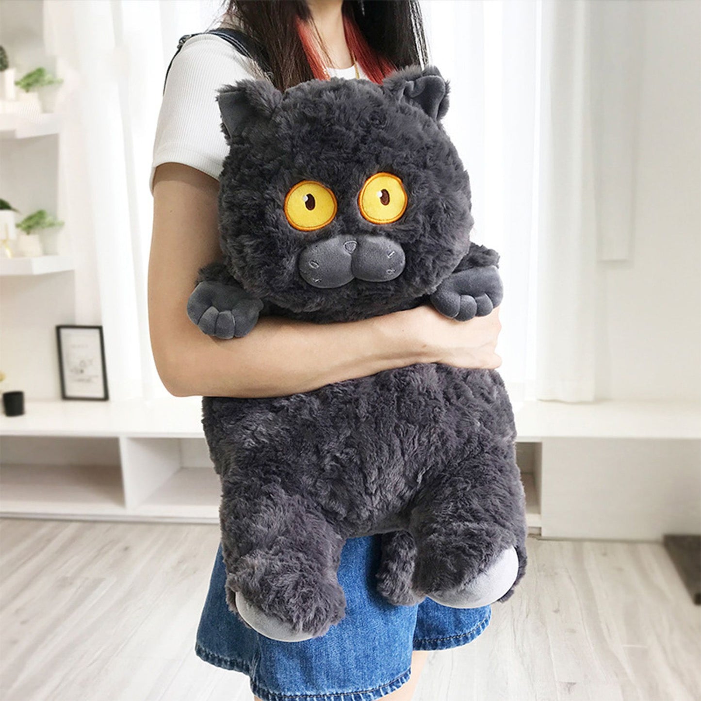 Cat Plush Toy Cute Soft Skin Friendly Fluffy Staring Short Plush Cat Hugging Sleeping Pillow for Home Black
