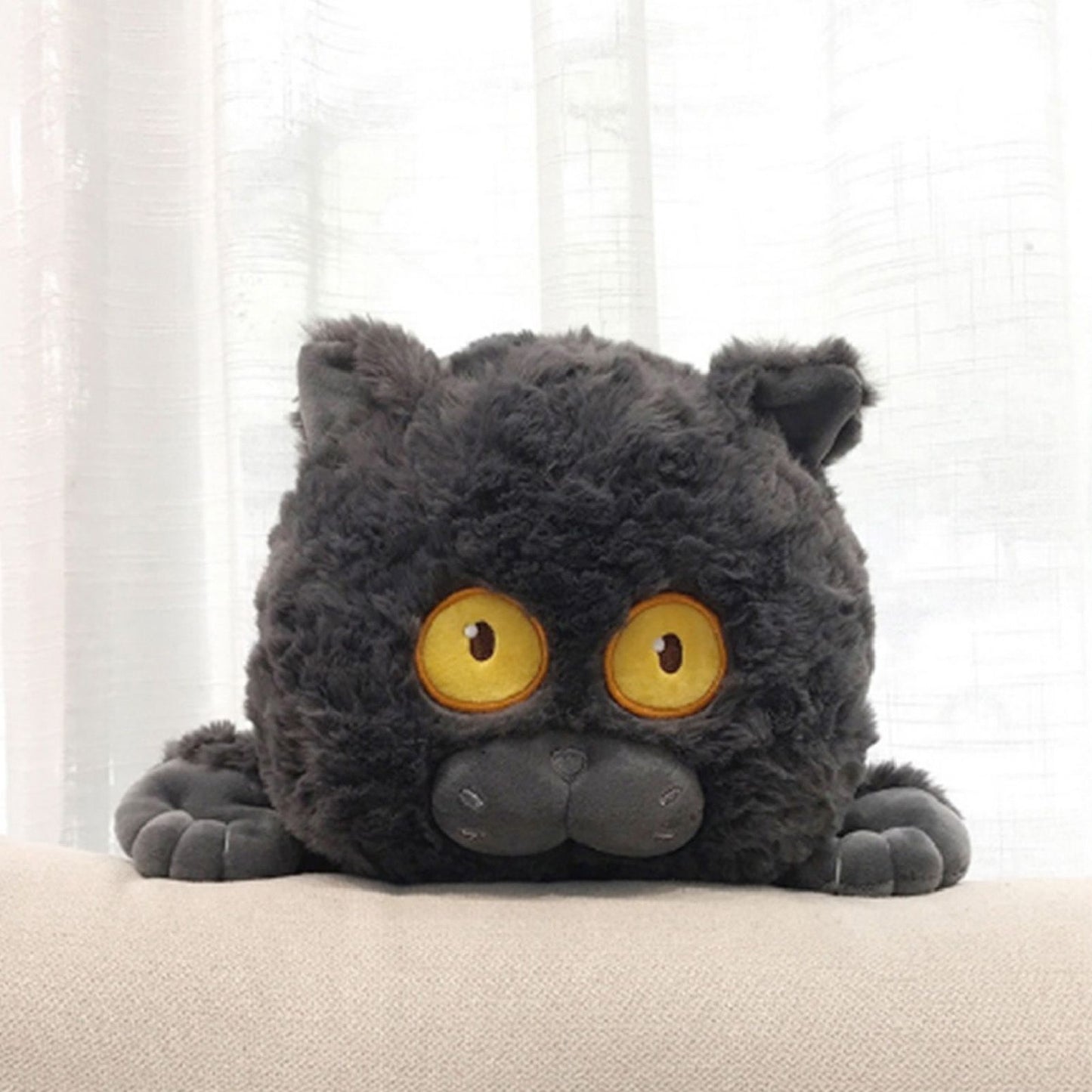 Cat Plush Toy Cute Soft Skin Friendly Fluffy Staring Short Plush Cat Hugging Sleeping Pillow for Home Black