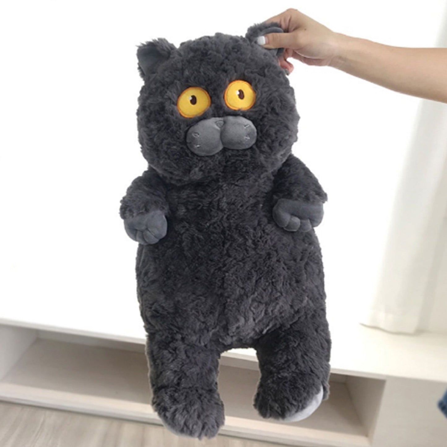 Cat Plush Toy Cute Soft Skin Friendly Fluffy Staring Short Plush Cat Hugging Sleeping Pillow for Home Black
