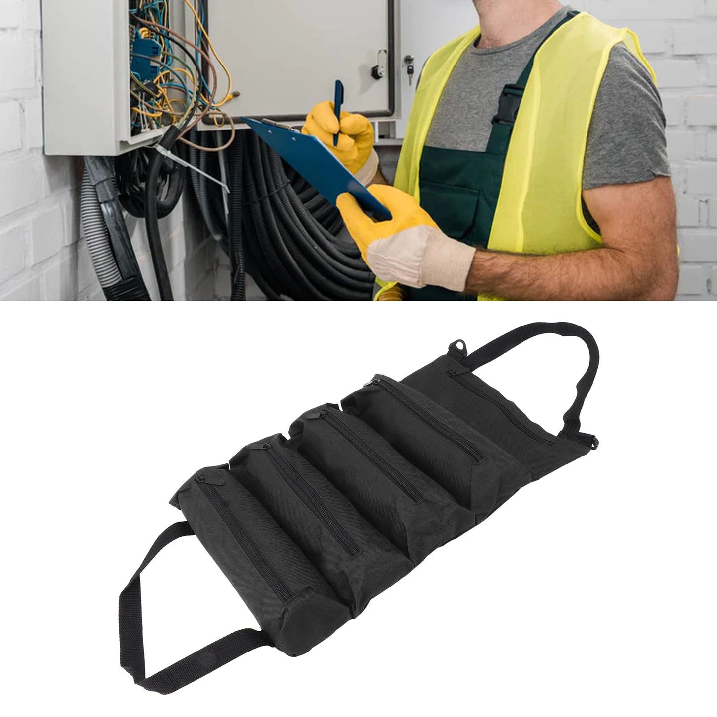 Roll Up Tool Bag 5 Zipper Pockets Portable Oxford Cloth Electricians Tool Bag for Carpenter Plumber Black