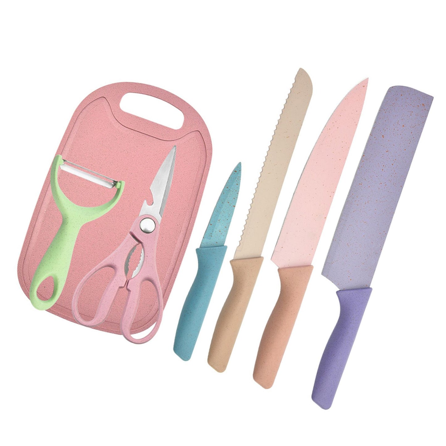 7 PCS Wheat Straw Knife Set Chef Knife Bread Knife Peeling Knife Scissors Peeler Cutter Kit with Chopping Board