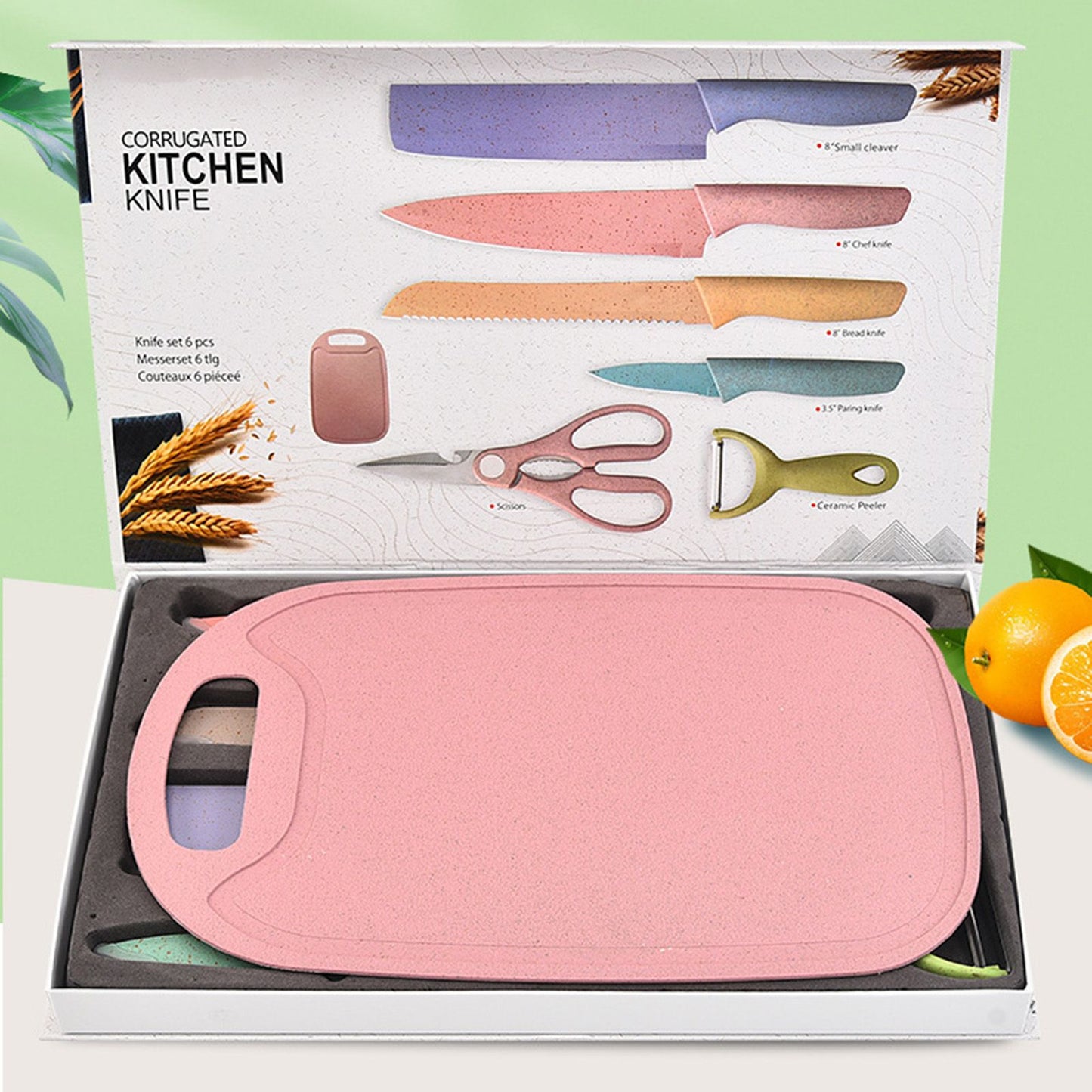 7 PCS Wheat Straw Knife Set Chef Knife Bread Knife Peeling Knife Scissors Peeler Cutter Kit with Chopping Board