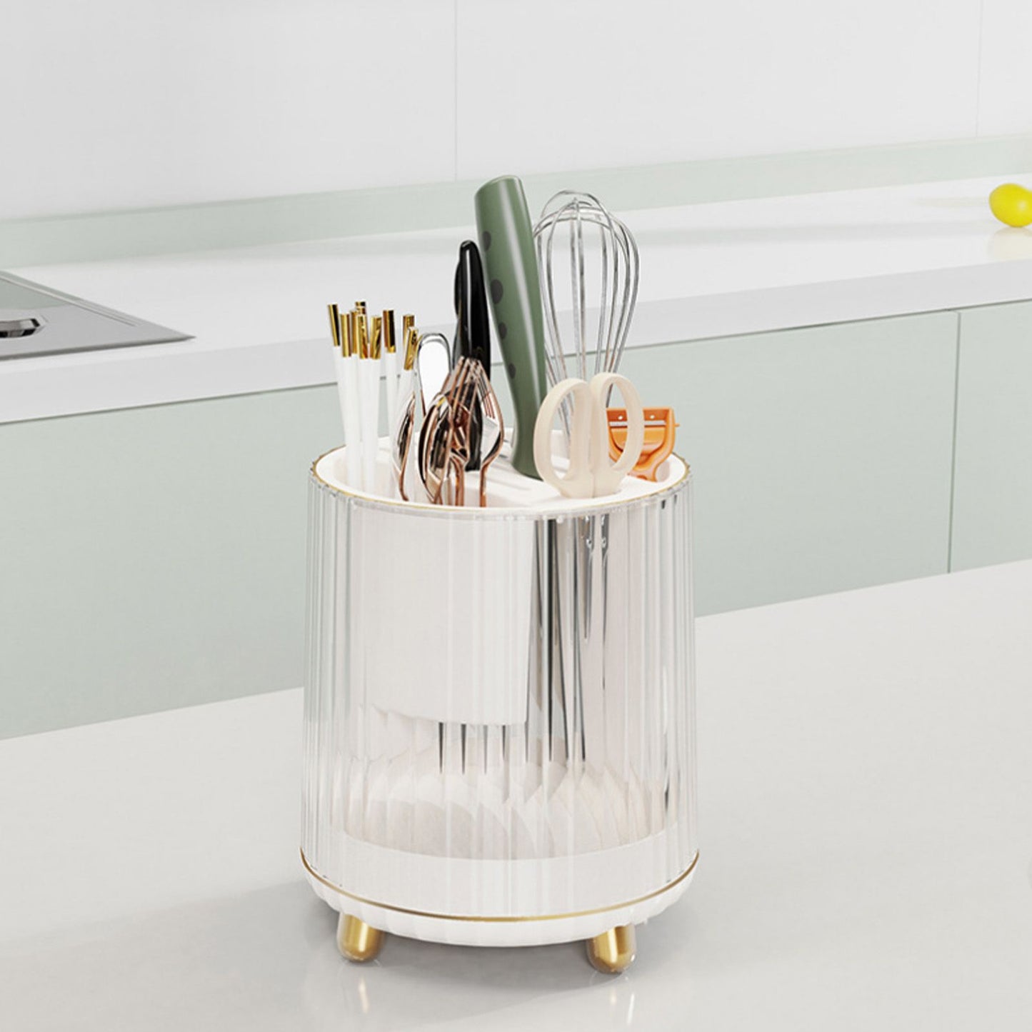 Kitchen Knife Utensil Holder Rotating Knife Block Holder with Scissors Slot Multifunctional Countertop Utensil Organizer White
