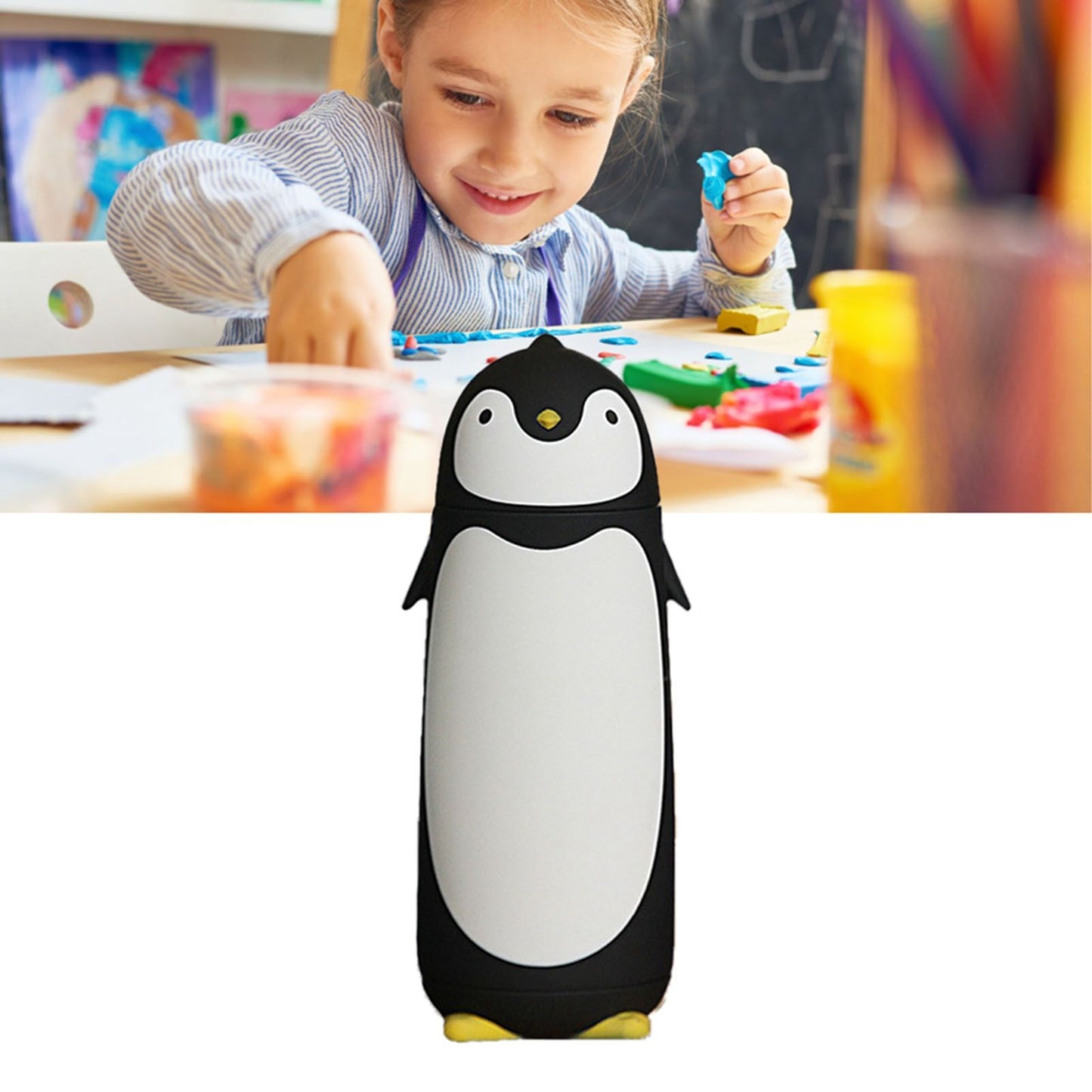 Water Bottle Penguin Design Heat Insulation 300ml Portable Water Cup for Outdoor Black