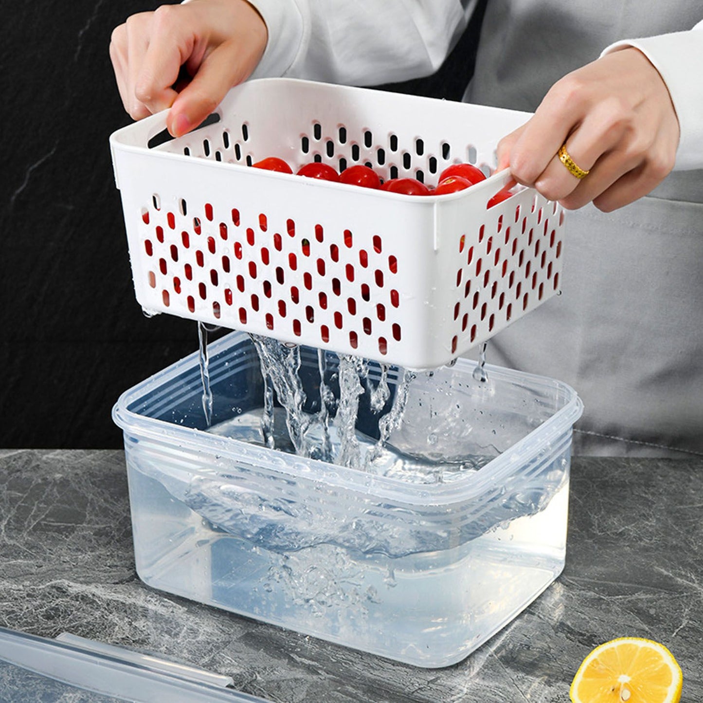 Drain Storage Basket Box Transparent Fruit Vegetable Storage Container for Kitchen Supplies 850ML