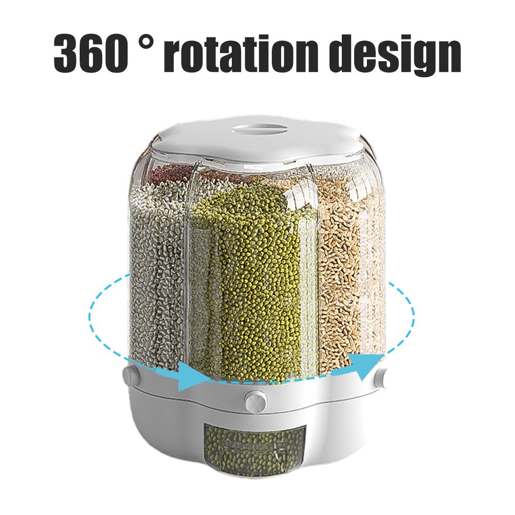 Food Grain Storage Container Large Capacity 9L 6 Grid Rotatable Rice Dispenser Sealed Grain Food Storage Box Kitchen Storage Bucket for Home Kitchen