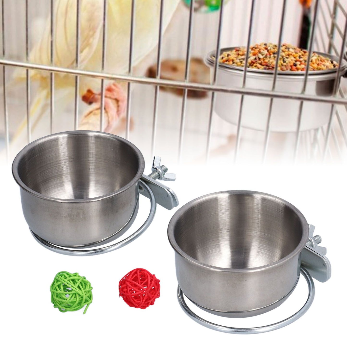 Stainless Steel Parrot Feeding Bowl with Rattan Ball for Hamster Small Animals