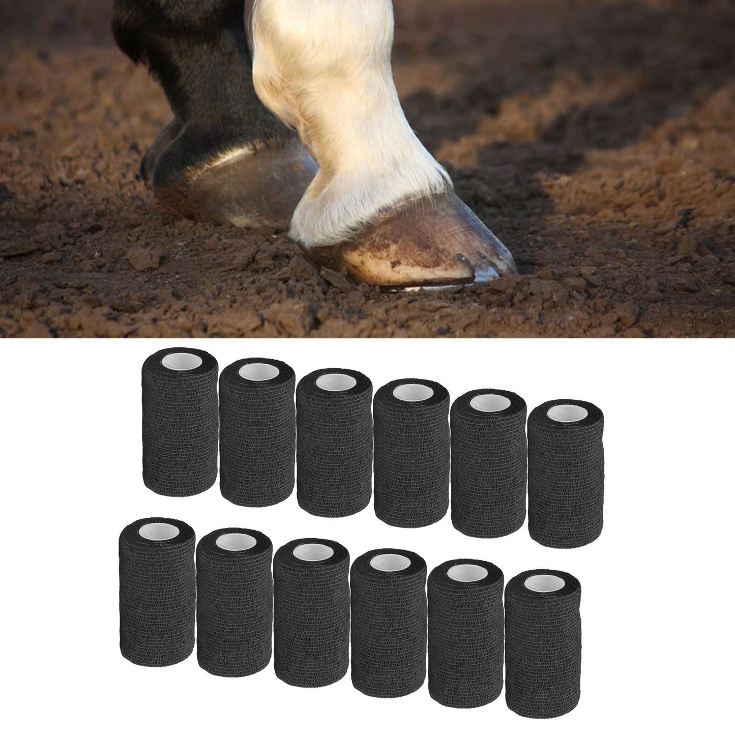 12Pcs Bandage Wrap Natural Latex Elastic Self Adhesive Wrap for Cows Dogs Horses 10cm Black