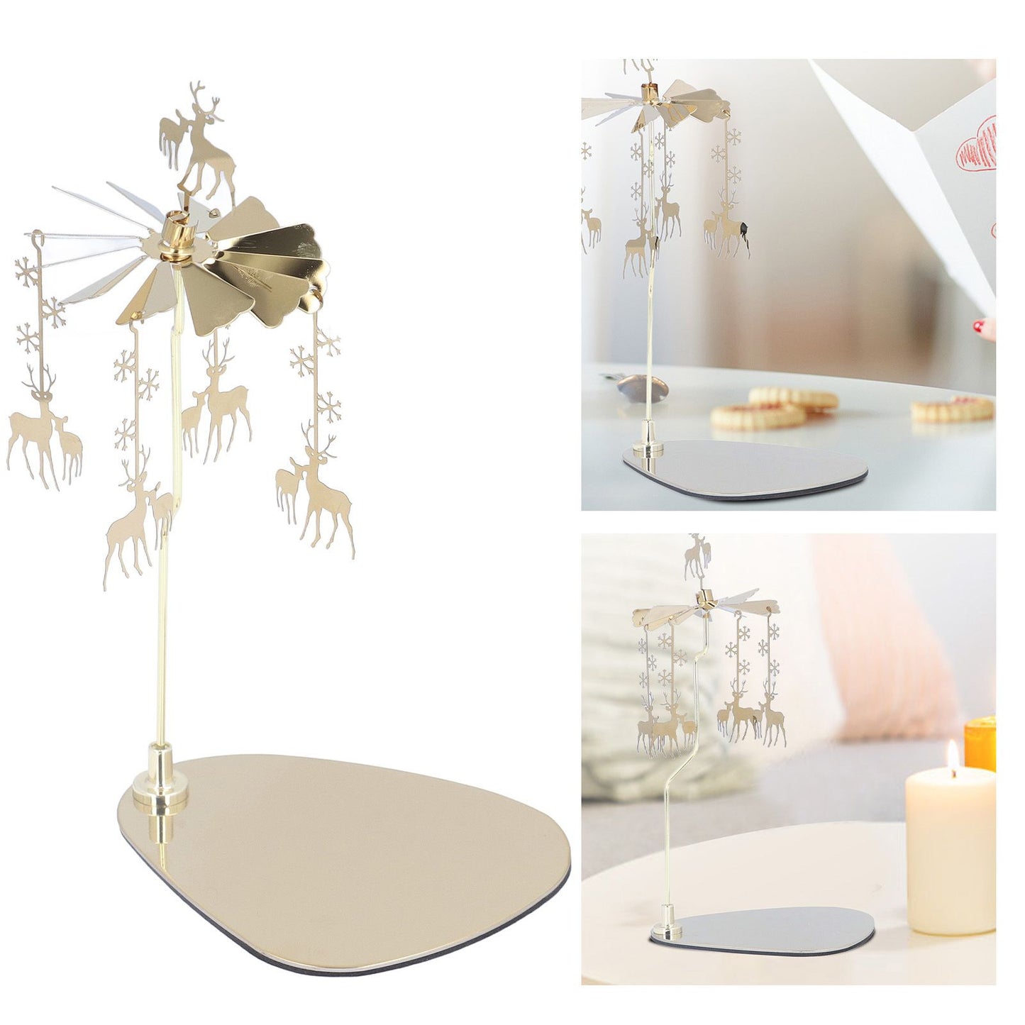 Candle Holder Round Triangle Tray Romantic European Style Stainless Steel Rotating Aromatherapy Wind Chime Candle Holder Snowflake Deer