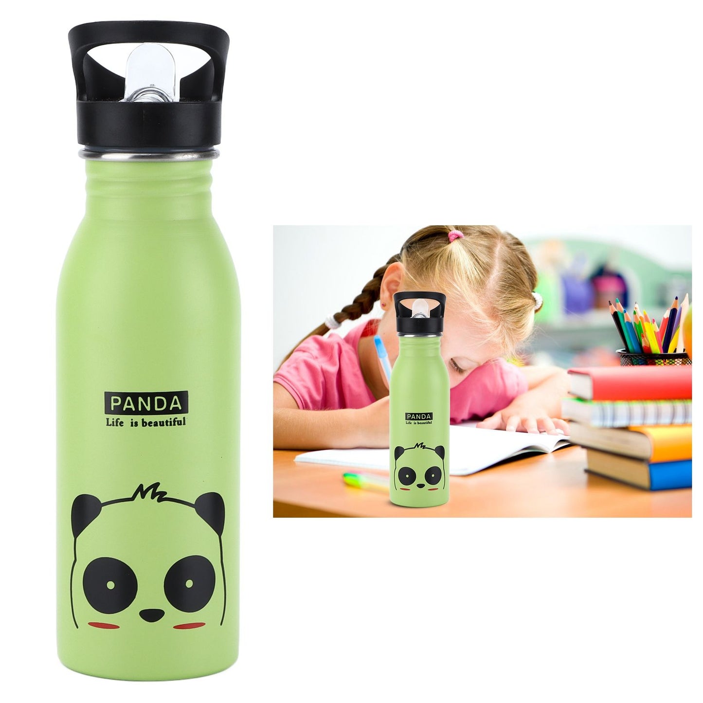 Stainless Steel Sport Water Bottle 500ml Cute Vacuum Insulated Water Bottle with Sucking Mouth for Outdoor SportsGreen Panda
