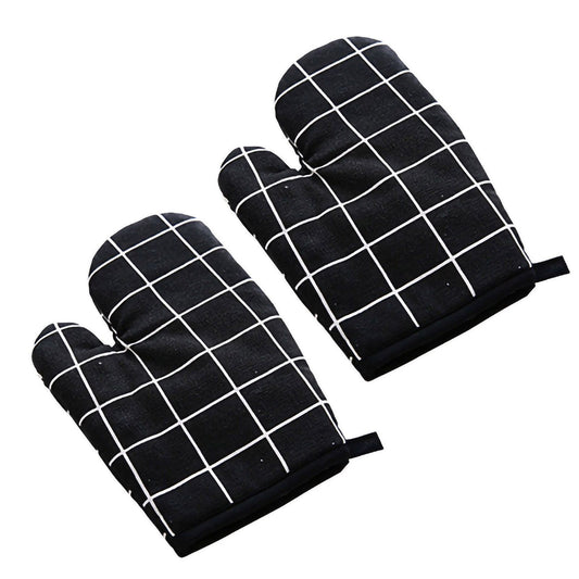 Oven Mitt Cooking Mitten Cotton Lining Heat Resistant Gloves Tool for Baking DishBlack Grids