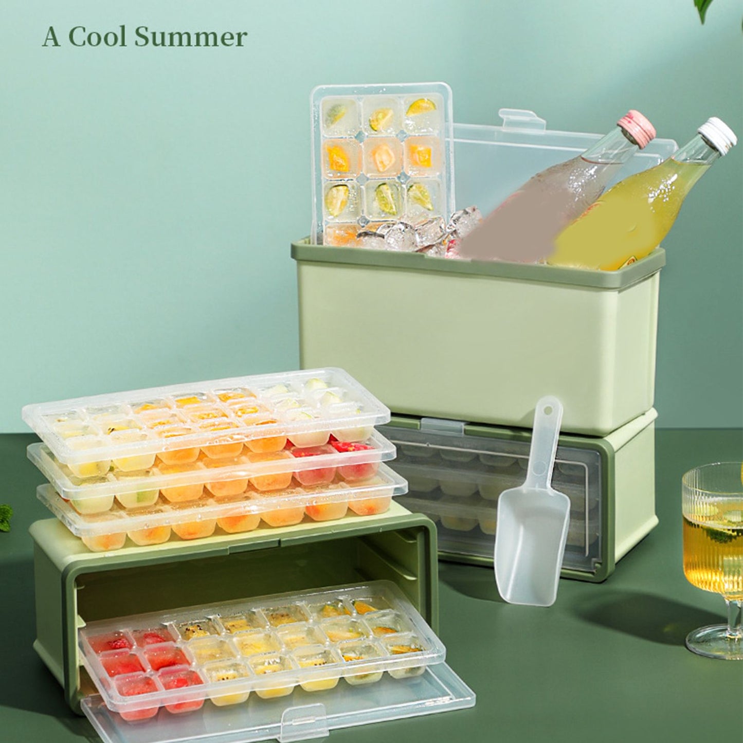 3 Layer Ice Cube Tray Large Capacity Easy Demoulding Pull Out Ice Cube Bin with Ice Shovel Lid for Yogurt Wine Summer 3 Layer Pull Out Ice Box Ice Shovel (Green)