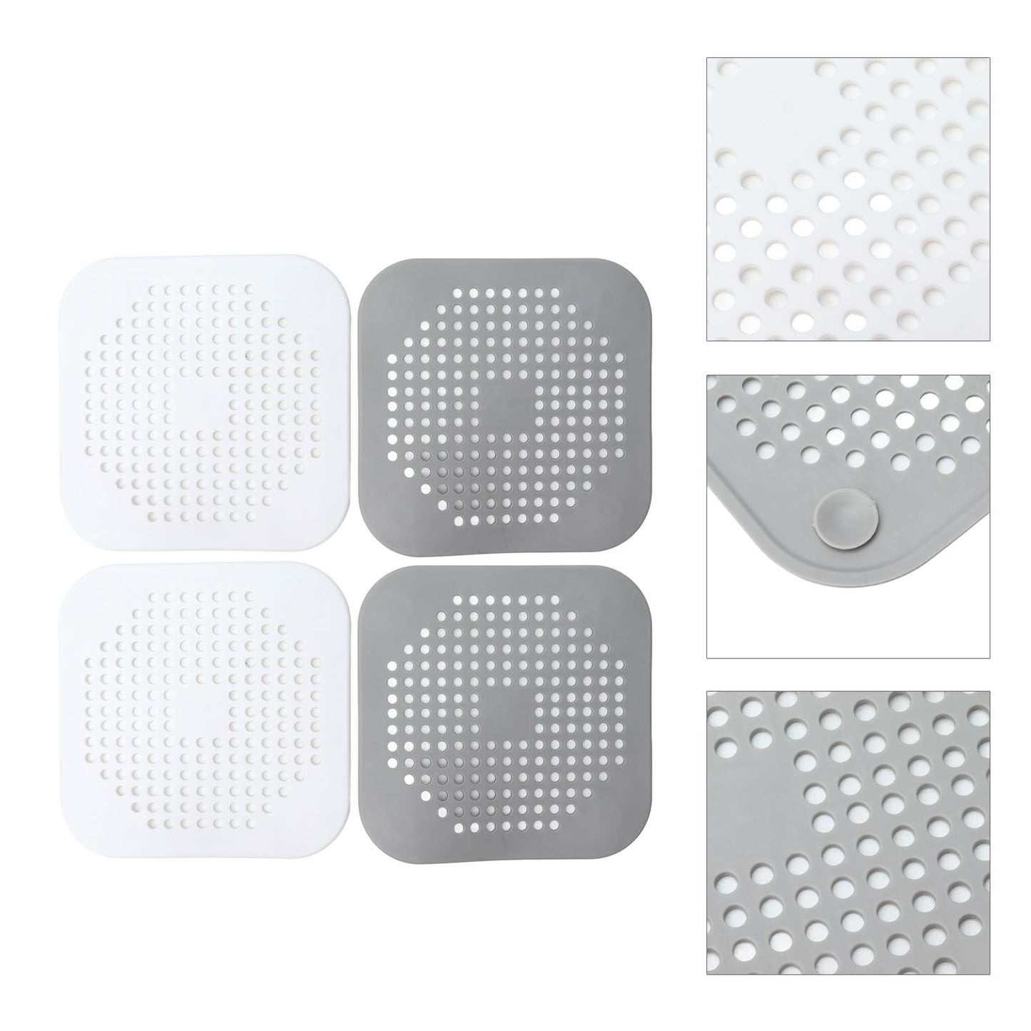 4 Pcs Drain Hair Catcher Square TPR Shower Hair Stopper with Suction Cup for Bathroom Bathtub Kitchen Grey and White