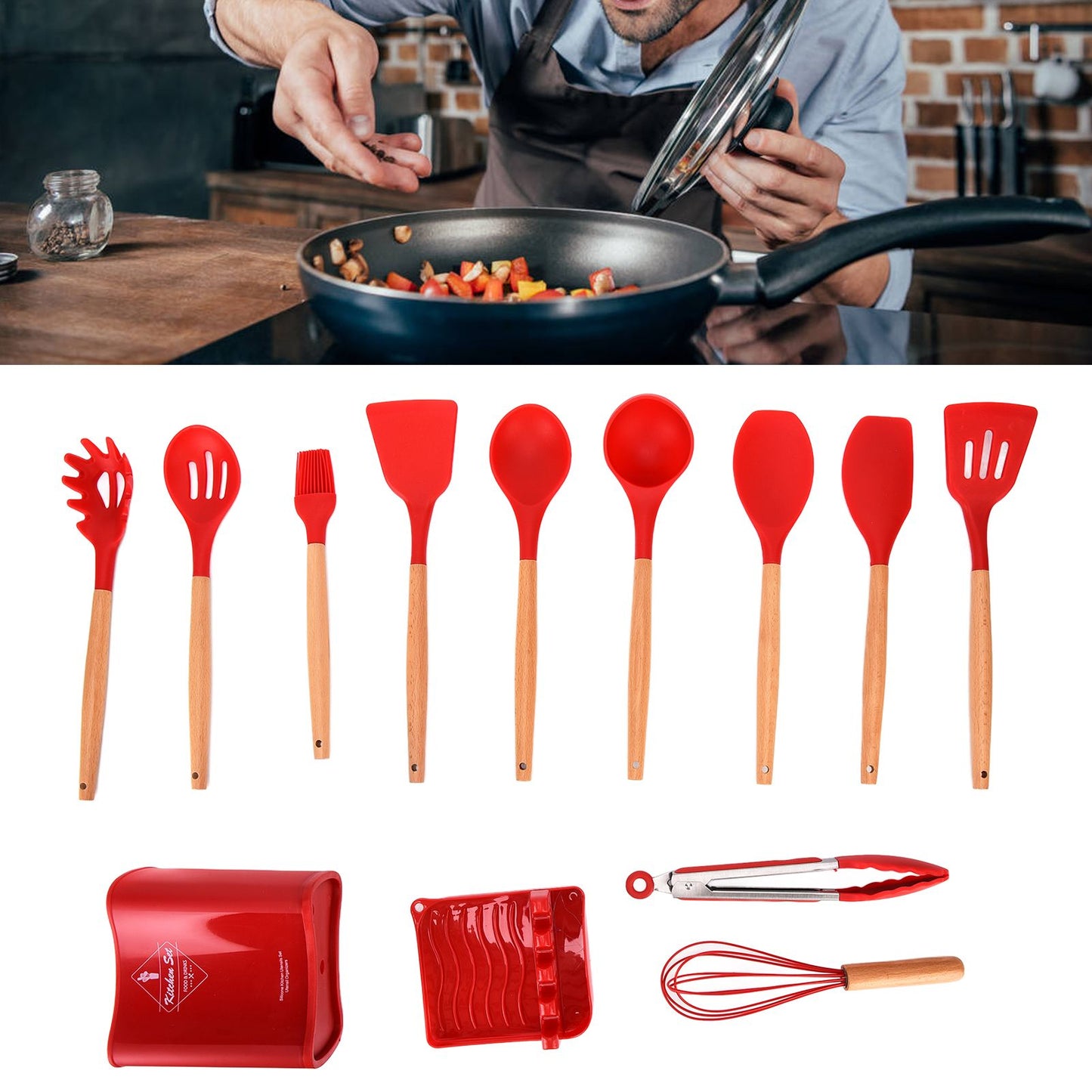 13Pcs Silicone Cooking Utensils Set Non Stick Spatula Shovel Wooden Handle Cooking Tools Set Kitchen Supplies Red