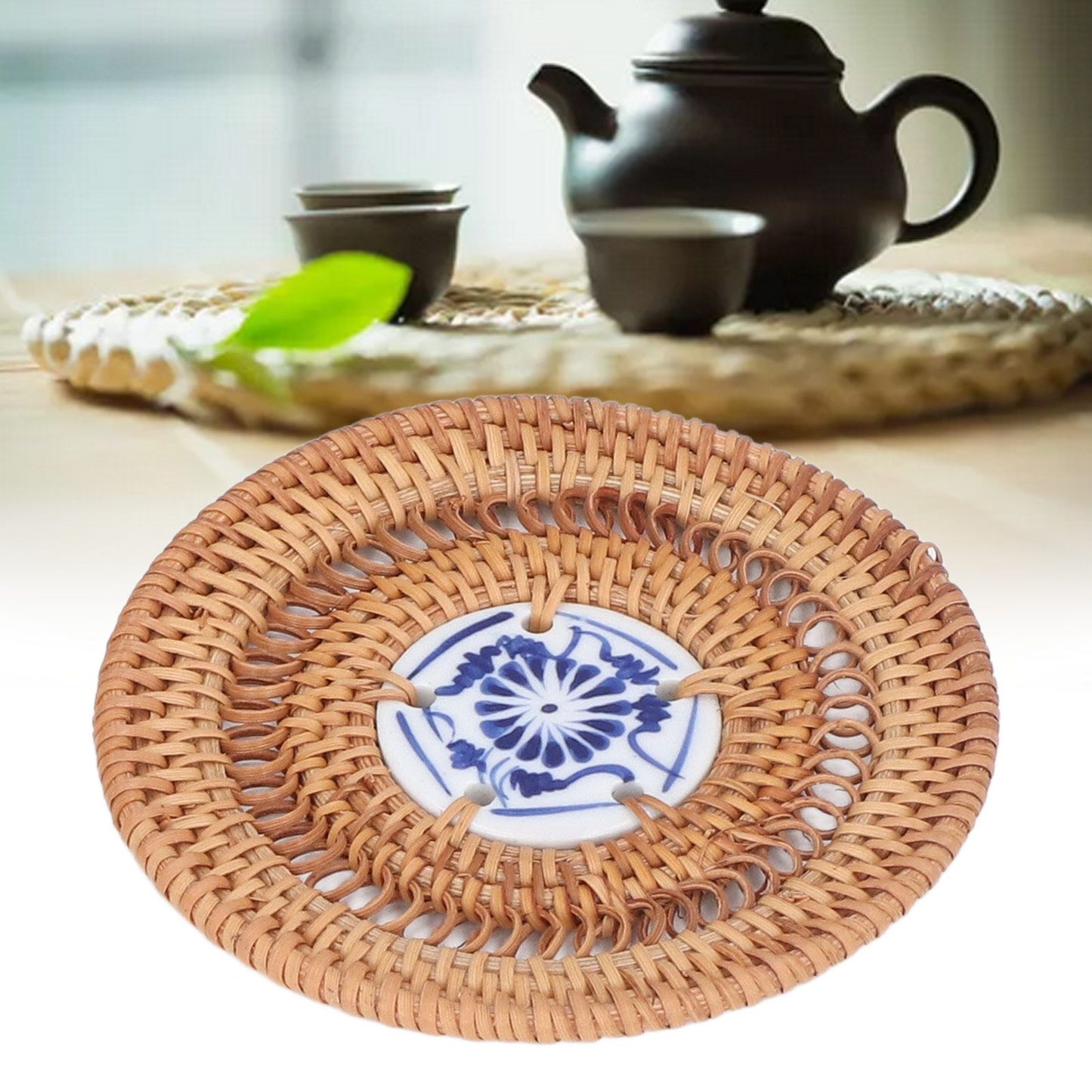 Blue and White Porcelain Coaster Round Woven Rattan Blue White Porcelain Cup Holder for Basil Cups Rattan Cups10cm/3.9in