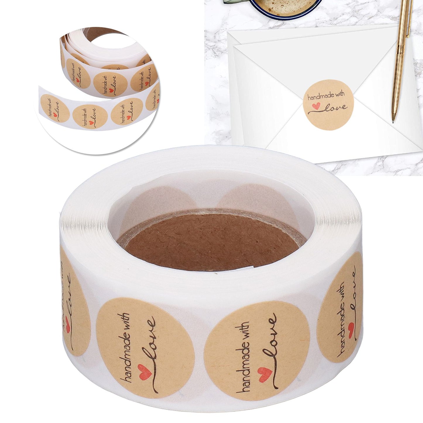 1 Roll Kraft Paper Stickers Handmade with Love Design Cute Heart Stationery Label Stickers for Food Labeling