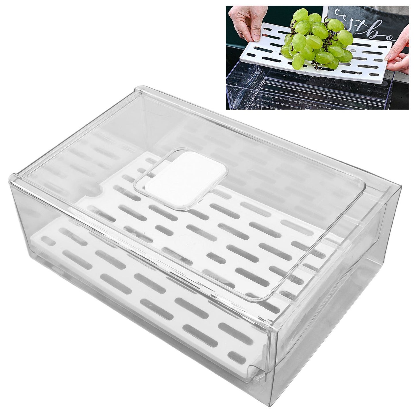 Refrigerator Storage Box Holder with Draining Plate Fruit Storage Container Preservation BoxL 11x20x30cm / 4.3x7.9x11.8in