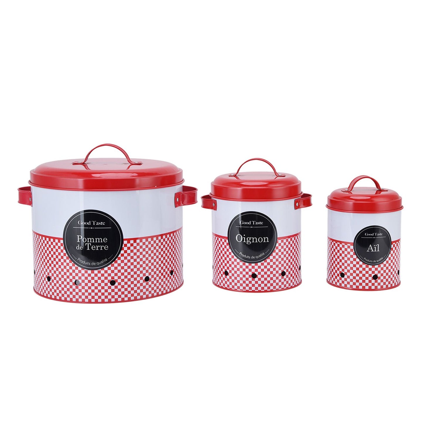 3 Pcs Canister Set Large Capacity Red White Round Storage Bucket Farmhouse Kitchen Candy Snack Metal Storage Containers