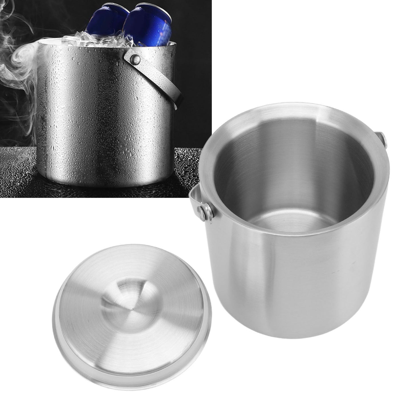 Stainless Steel Ice Bucket Double Layer Wine Champagne Beer Barrel with Handle for Bar Party 3L 19x17.2cm/7.5x6.8in